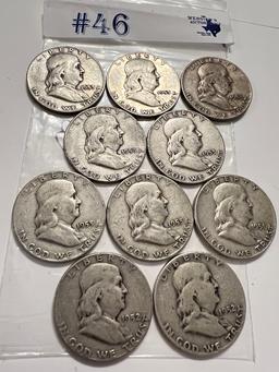 10PC SILVER FRANKLIN HALF DOLLARS 1951-1953