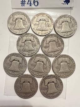 10PC SILVER FRANKLIN HALF DOLLARS 1951-1953