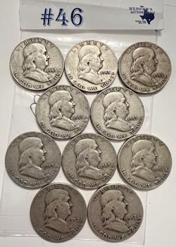 10PC SILVER FRANKLIN HALF DOLLARS 1951-1953