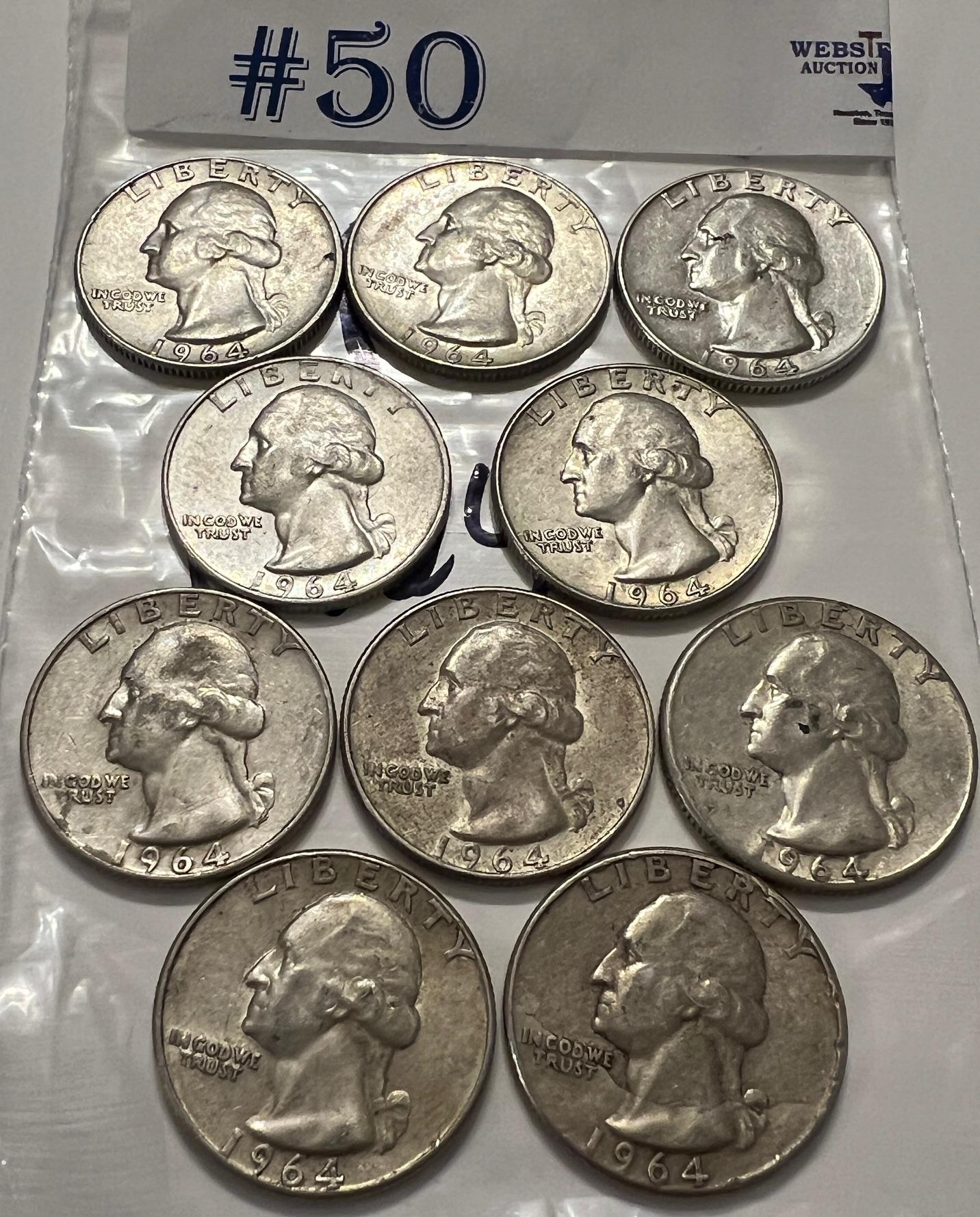 10PC SILVER WASHINGTON QUARTERS 1964