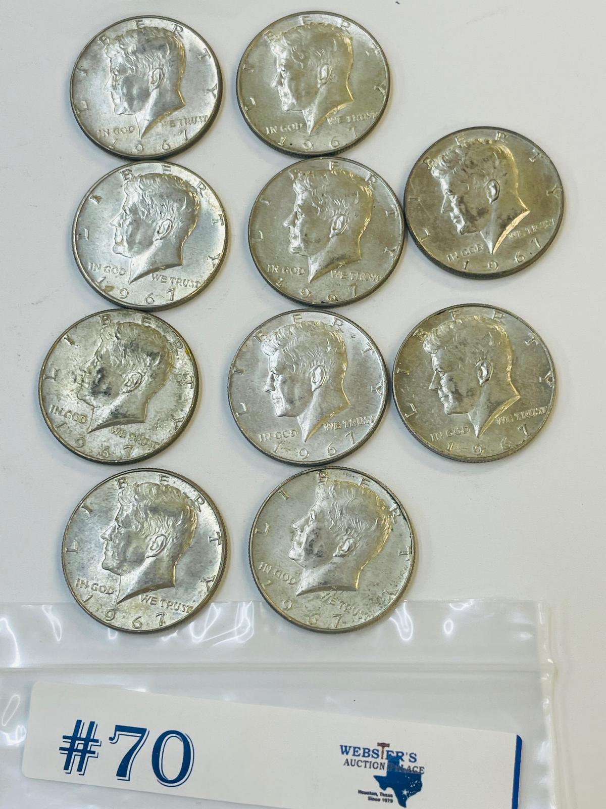 10PC KENNEDY HALF DOLLARS 1967