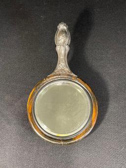 Ebonoid Vanity Brush & Mirror Pat. 1904 Quadraplate Silver, (2) Silver Plated Vanity Dishes