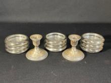 (9) Silver Plated & Glass Coasters & Pair Of Columbia Sterling Weighted Candle Holders