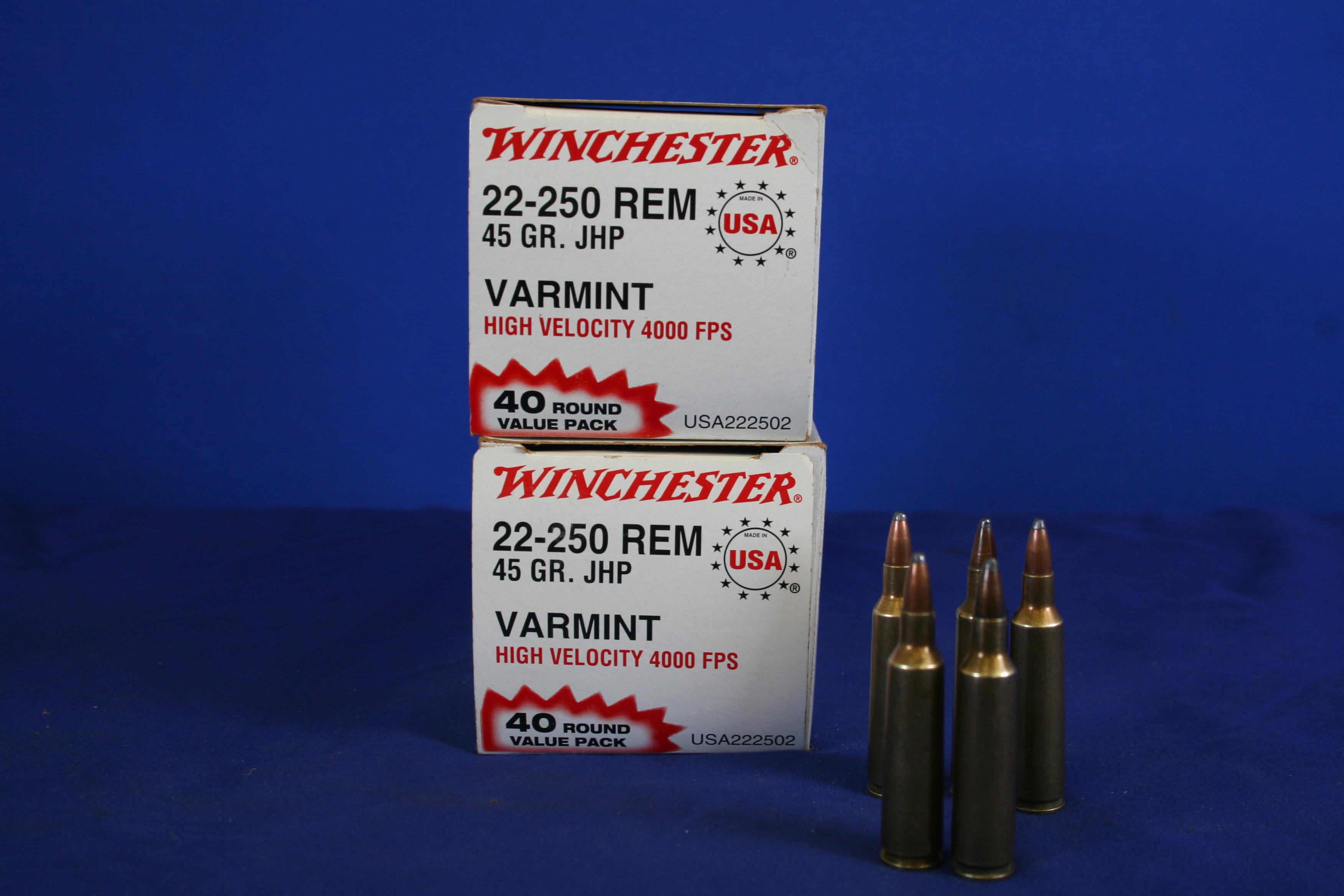 Winchester 22-250 Rem 45 Gr Jacketed Hollow Point Ammunition..