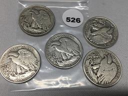 1943, 44, 45, 46-S, 47 Walking Liberty Half Dollars