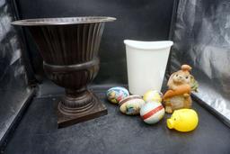 Planter, Decorative Eggs, Bunny Figurine, Yellow Piggy Bank & Garbage Can