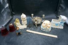 Lady Figurine, Star, Figurine, Decanters, Silver Plate Candlestick Holder Dish, Man & Cradle Figurin