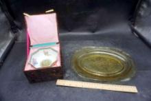 Yellow Glass Decorative Platter (Chipped) & Box W/ China Bowl (Cracks)