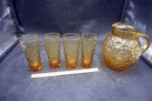 Yellow Glass Pitcher & 4 Glasses