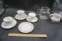 Cup And Saucers, Glass Pitcher & Creamer