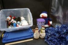 Plastic Bin W/ Snowman Figurines, Canister, Stuffed Figure & Tinsel