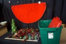 Tree Skirt, Tinsel, Rubbermaid Tote & Christmas Tree