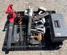 Pallet of Misc. Nail Guns, Leaf Blowers, Hitch, Clippers, and Toolbox