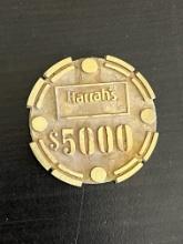 Rare $5000 Harrahs Casino Chip Brass Core From Reno/Lake Tahoe 1980s