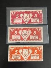 (3) 1940's "Tim Club" 5 Redback Notes