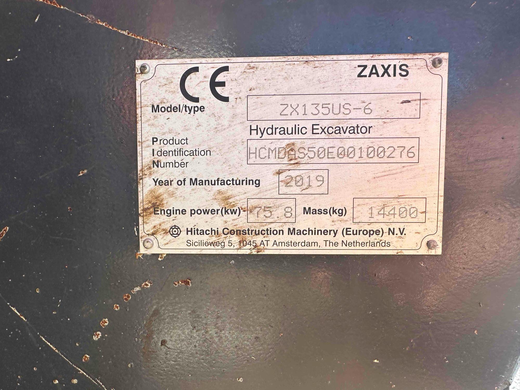 2019 HITACHI ZX135US-6 HYDRAULIC EXCAVATOR
