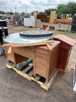 Desk, Open sign, transfer bench