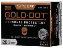 Speer 23975GD Gold Dot Personal Protection Short Barrel 45 ACP 230 gr 820 fps Hollow Point HP 20 Bx