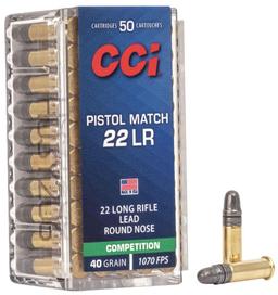 CCI 0051 Pistol Match Competition 22 LR 40 gr 1070 fps Lead Round Nose LRN 50 Bx