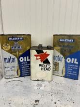 Three Advertising Gas Motor Oil Cans Wolf's Head & All State