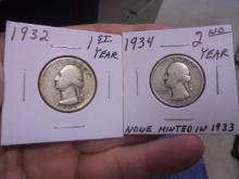 1932 & 1934 Silver Washington Quarters