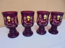 Set of 4 Alfred Taube Vintage Bohemian Cut Glass Ruby Glasses