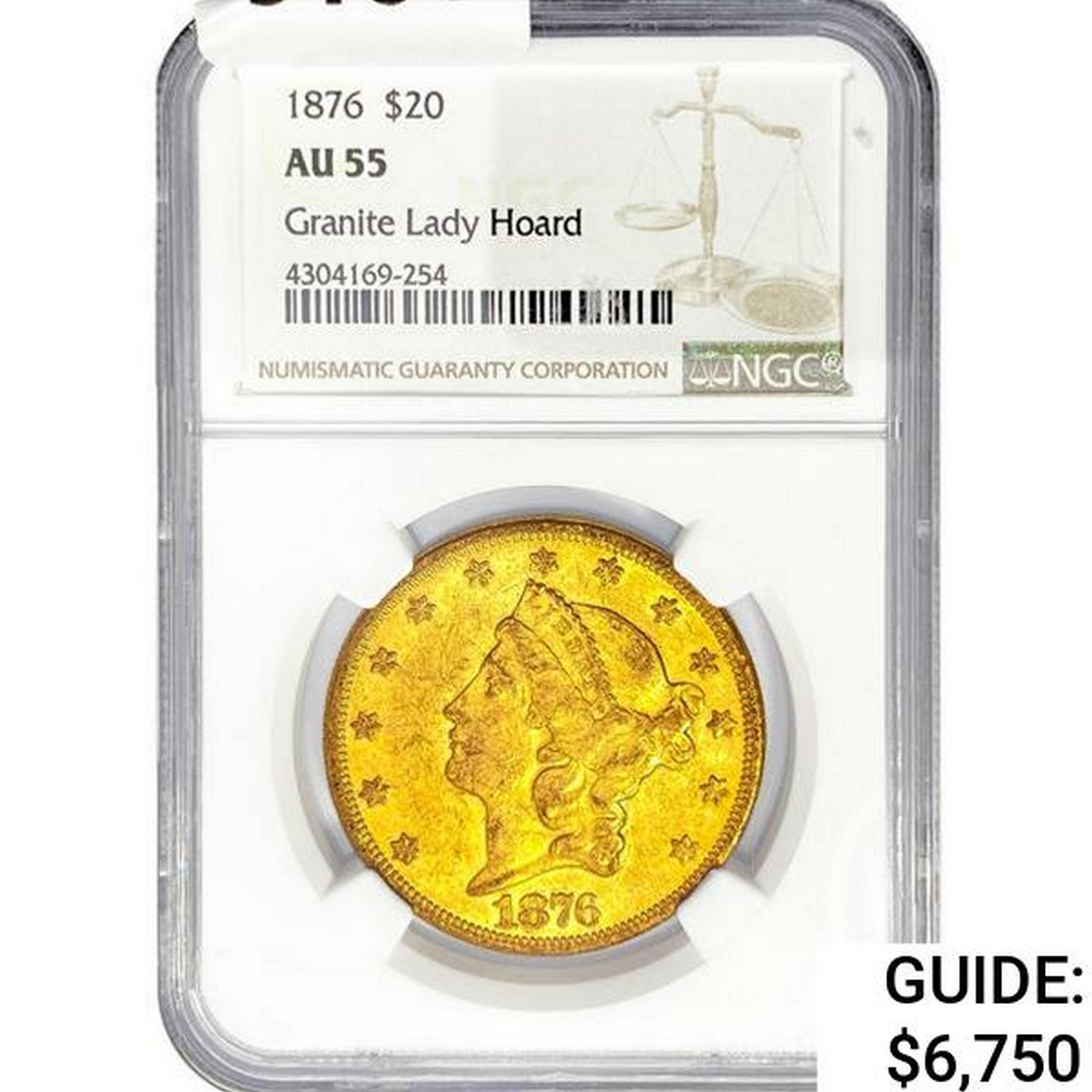 1876 $20 Gold Double Eagle NGC AU55 Granite Lady H