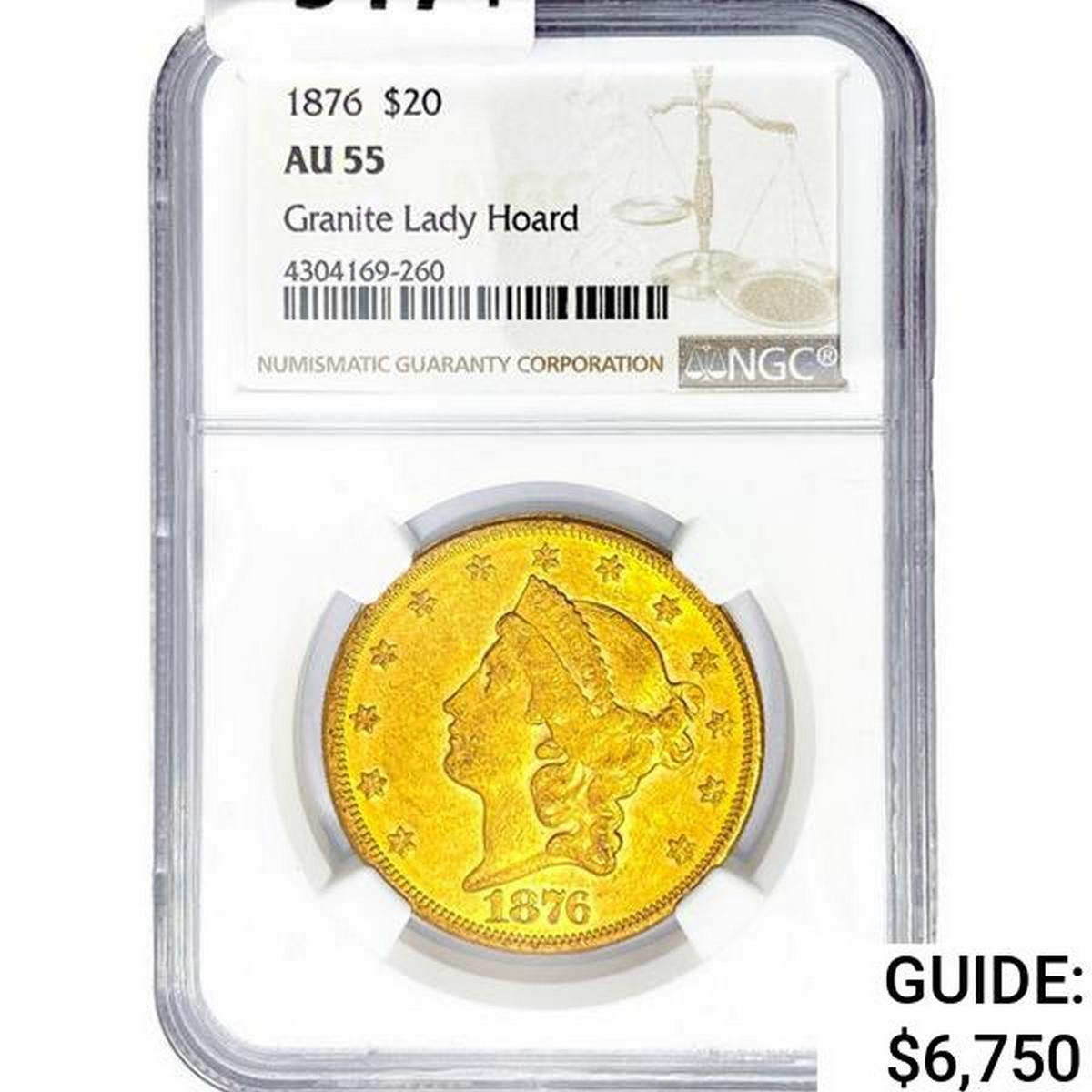 1876 $20 Gold Double Eagle NGC AU55 Granite Lady H