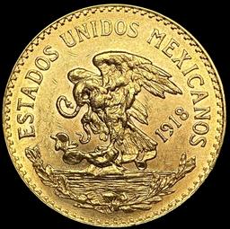 1918 Mexico .4822oz Gold 20 Pesos GEM BU