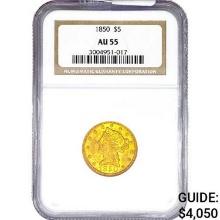 1850 $5 Gold Half Eagle NGC AU55