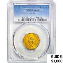 1916 5 Pesos .24oz Cuban Gold PCGS MS62