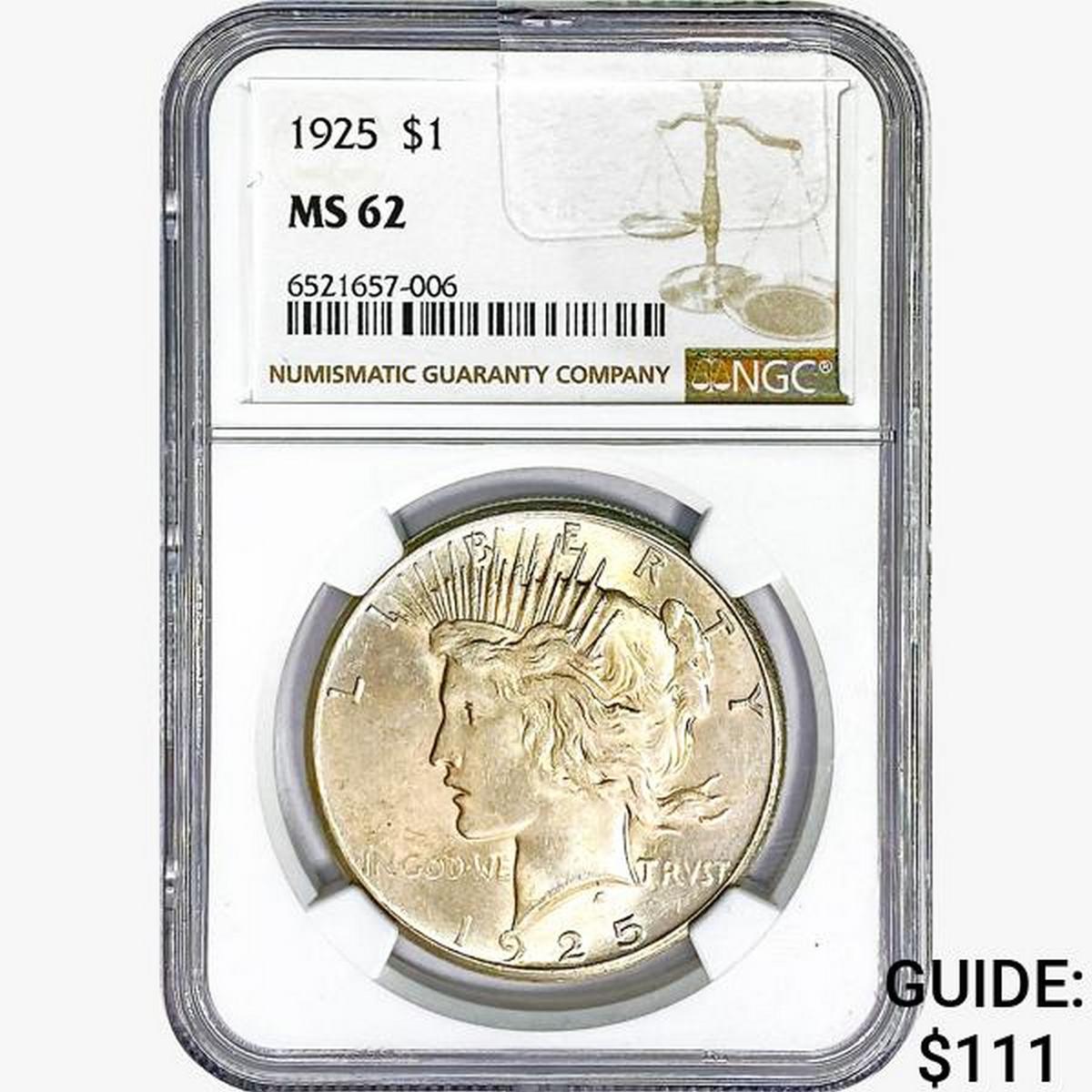 1925 Silver Peace Dollar NGC MS62