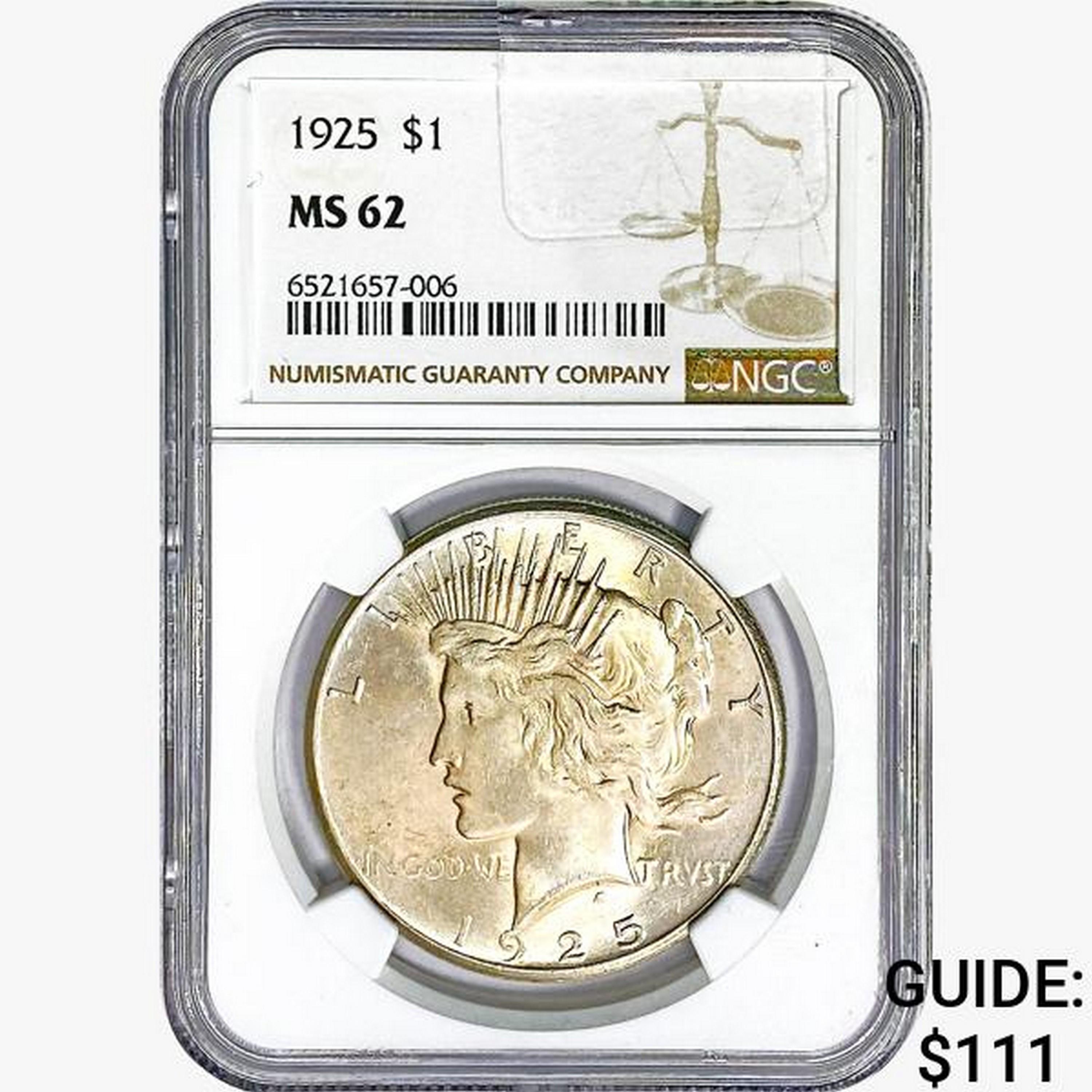 1925 Silver Peace Dollar NGC MS62