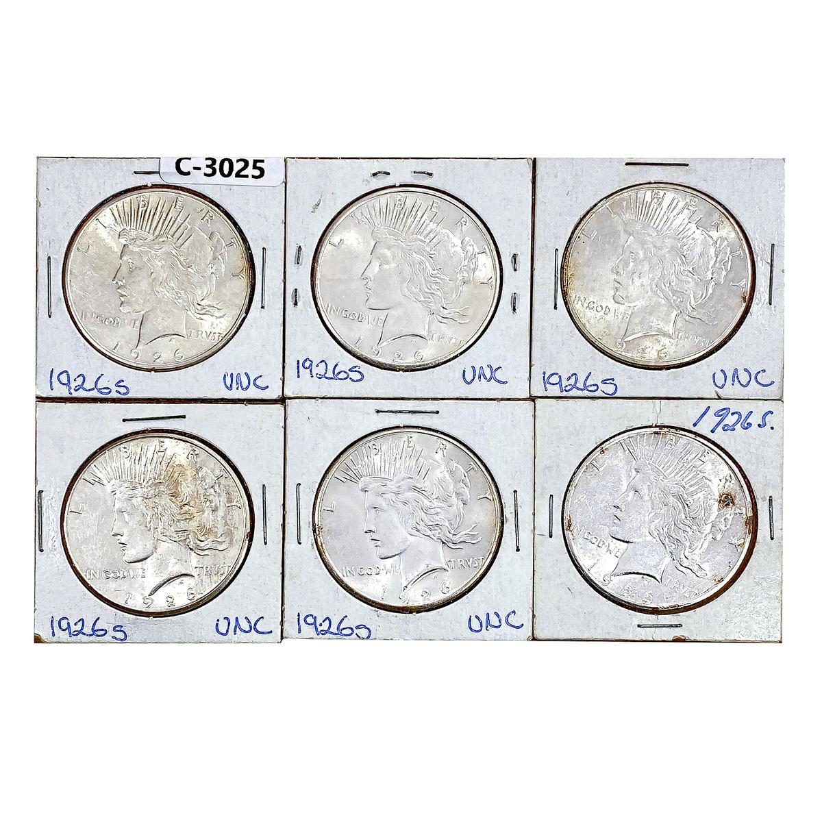 1926-S Unc. Silver Peace Dollars [6 Coins]
