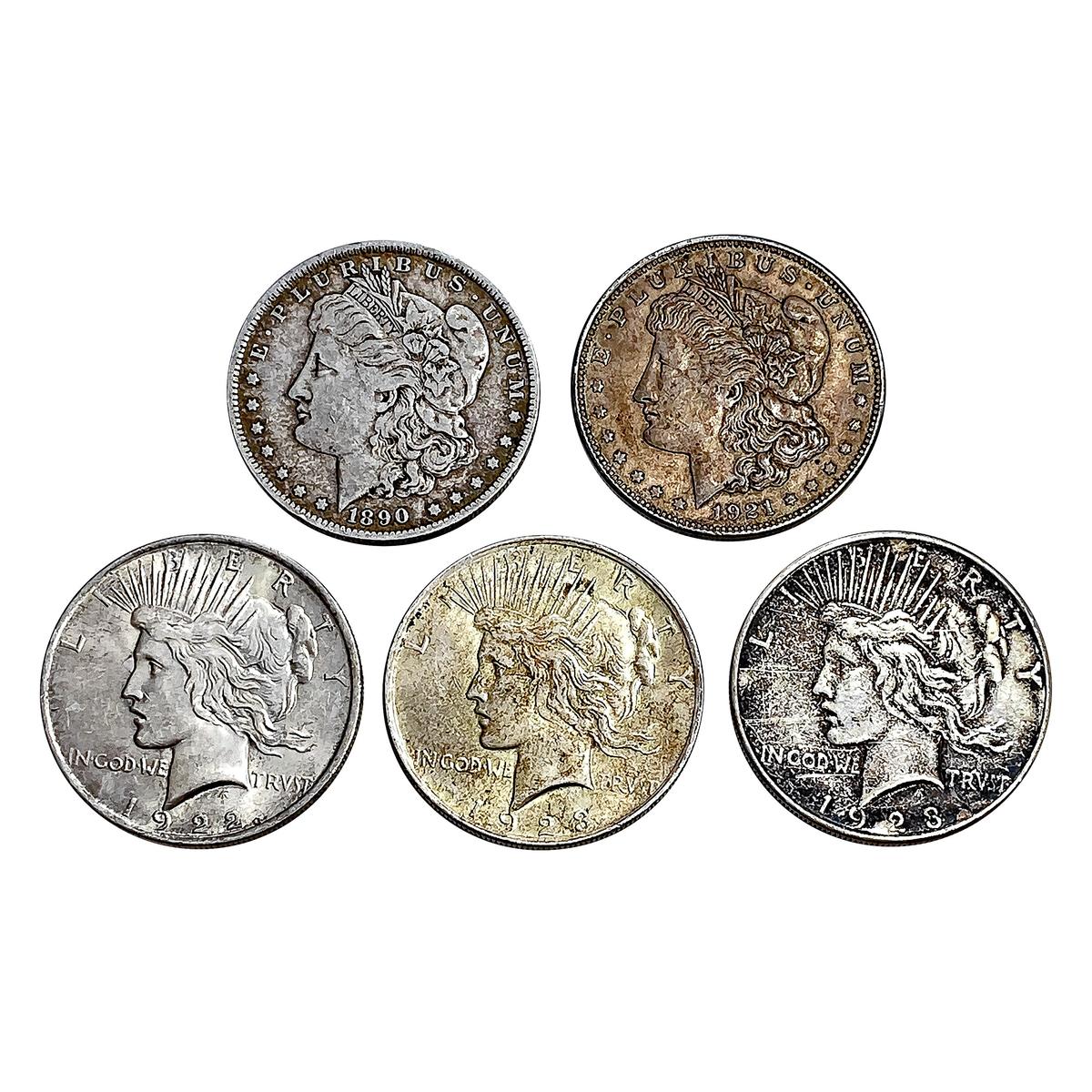 1890-1923 Varied US Silver Dollars [5 Coins]