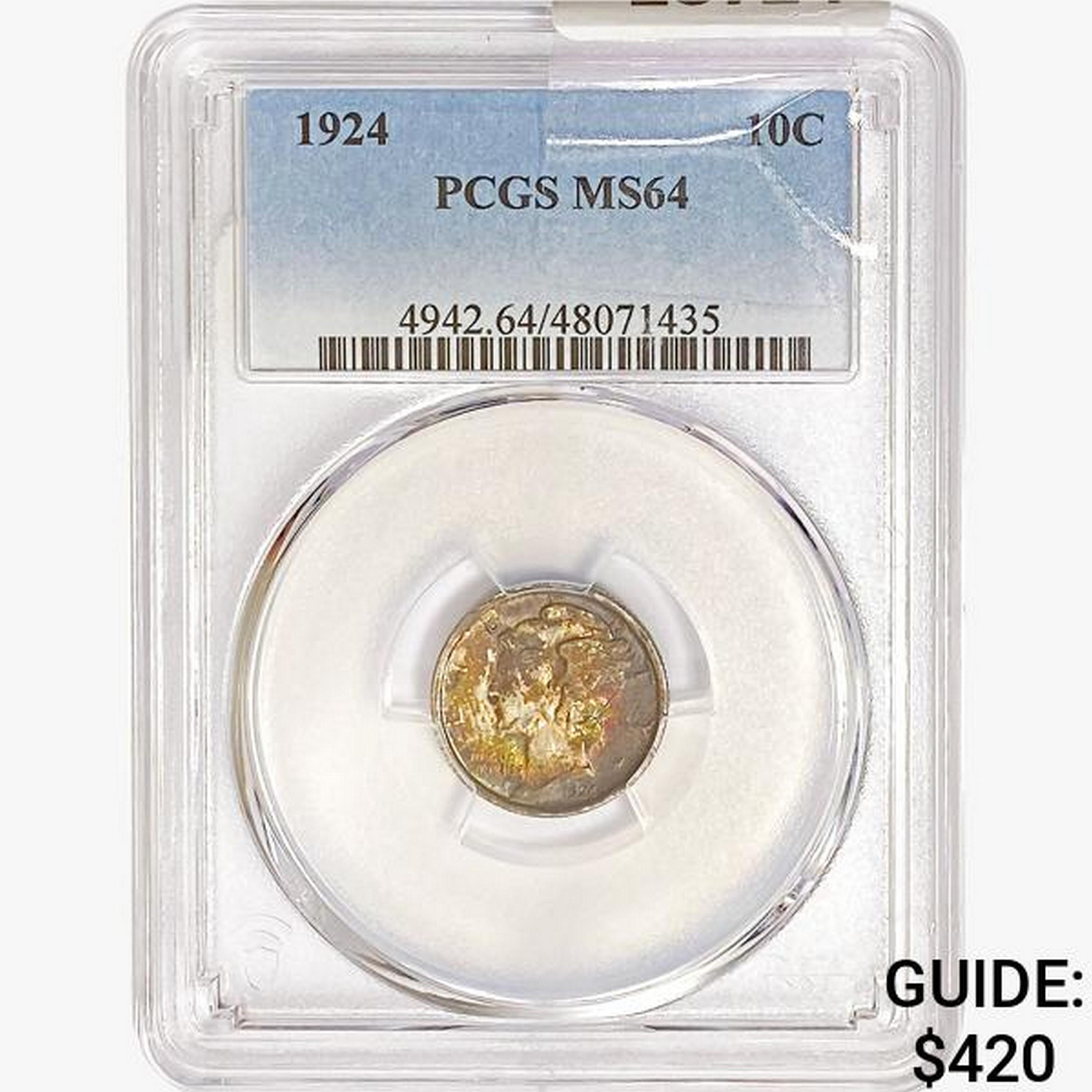 1924 Mercury Silver Dime PCGS MS64