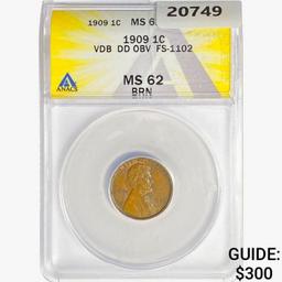 1909 VDB Wheat Cent ANACS MS62 BRN DD OBV FS-1102