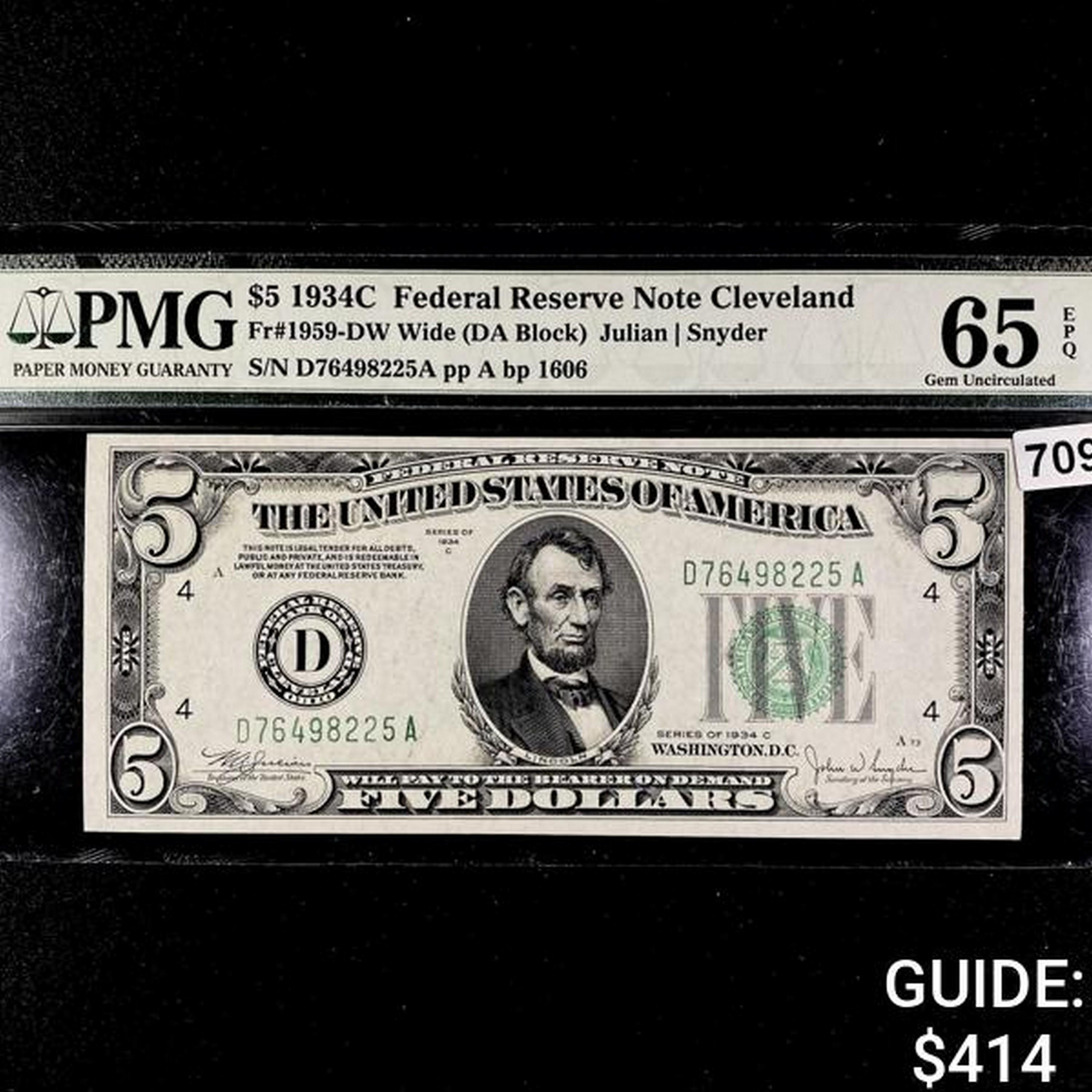 1934 C $5 Federal Reserve Note Cleveland PMG ChUNC