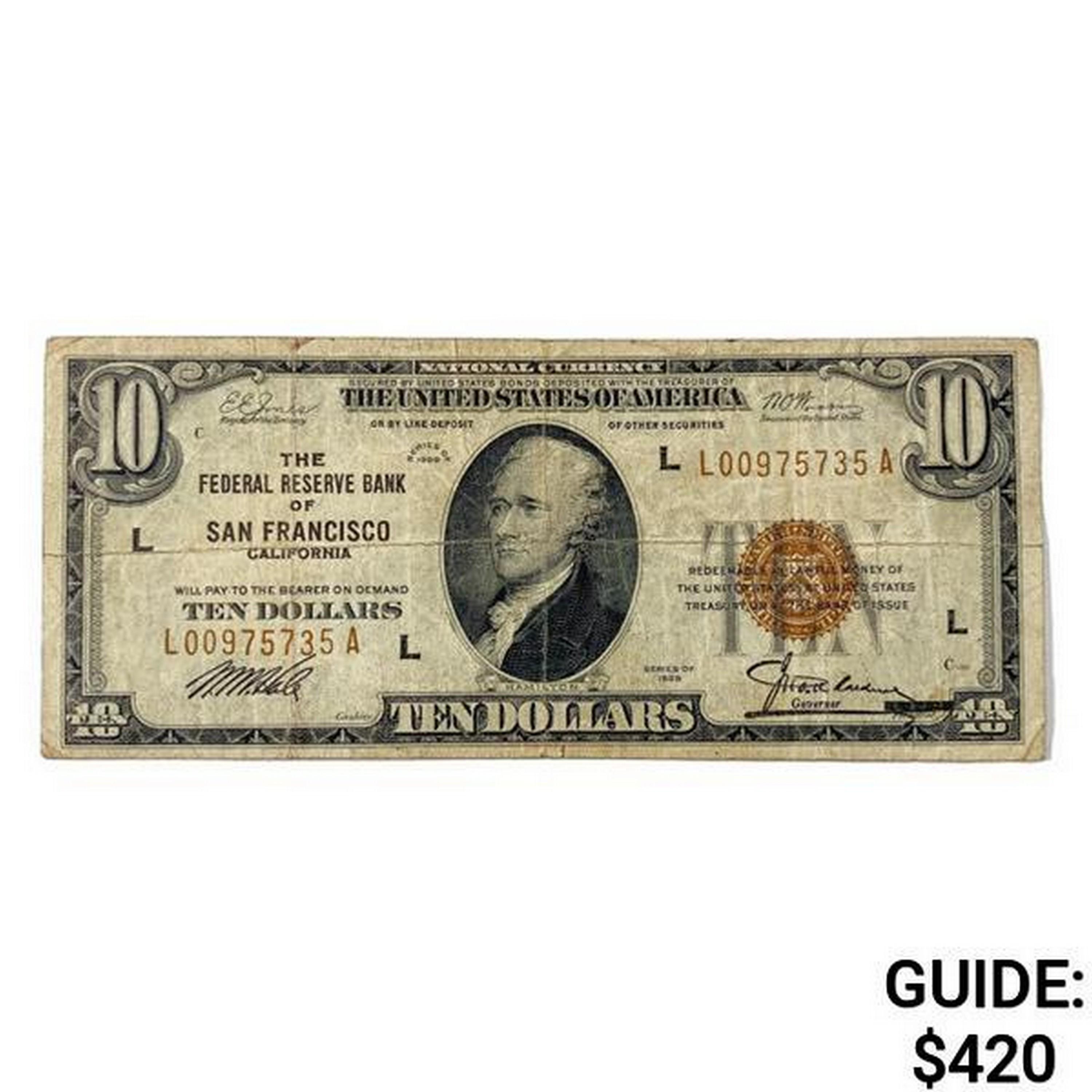 1929 $10 US Bank of San Francisco, CA Fed Res Note