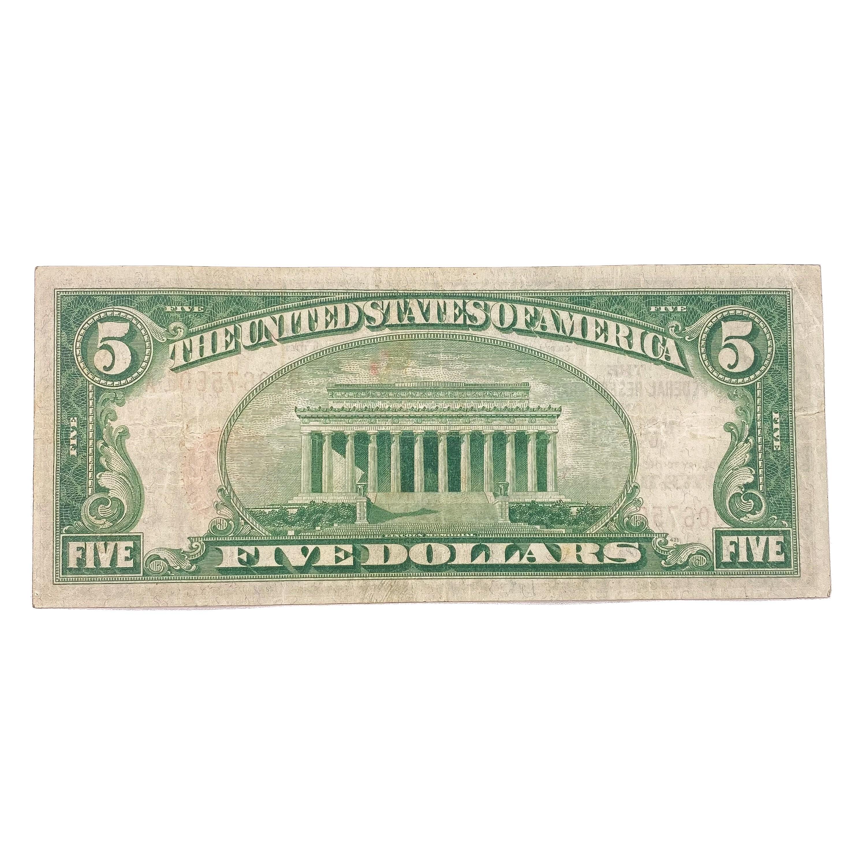 1929 $5 US Bank of New York Fed Res Notes