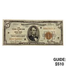 1929 $5 US Bank of New York Fed Res Notes