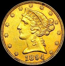 1894 $5 Gold Half Eagle CHOICE AU