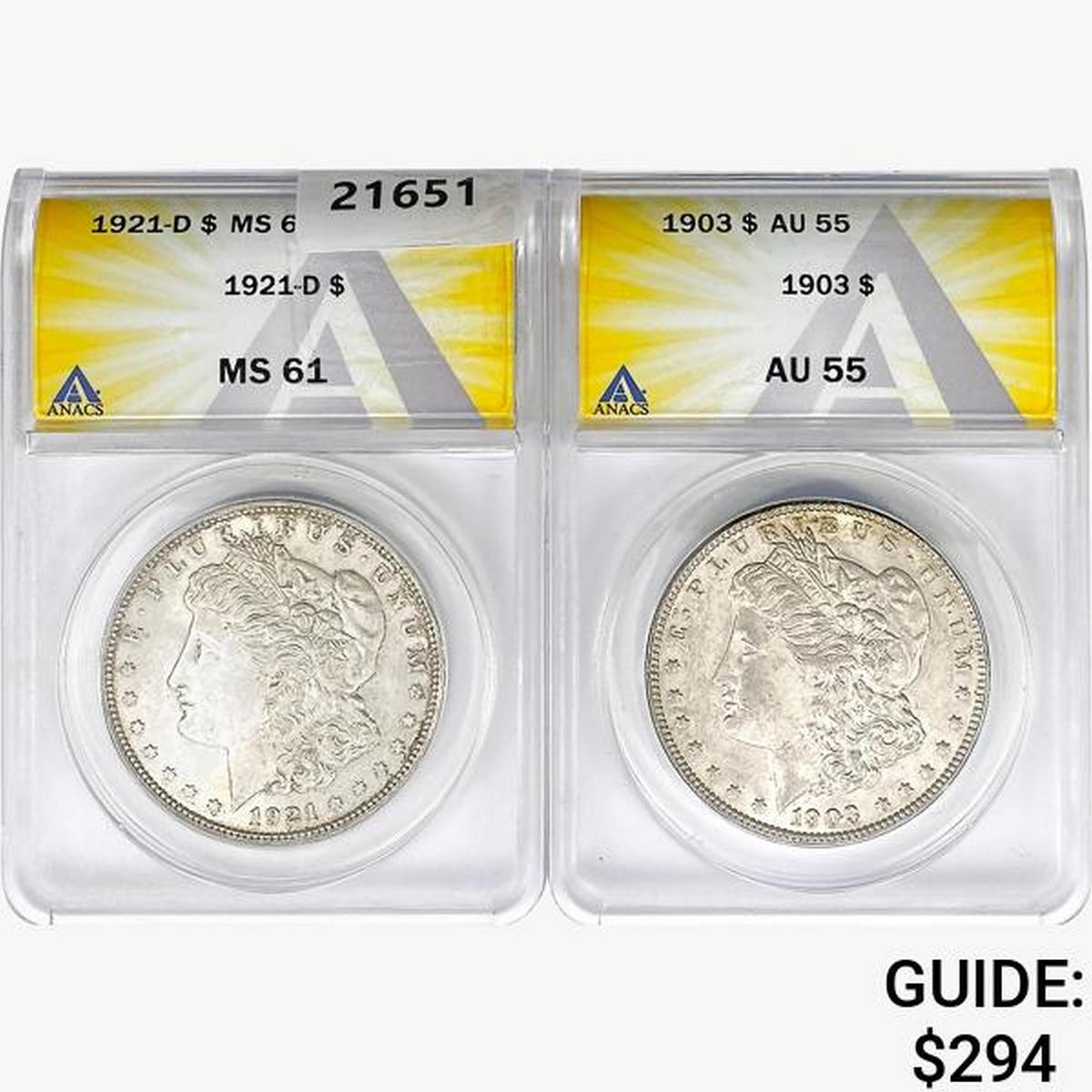 1903&1921 [2] Morgan Silver Dollar ANACS MS/AU