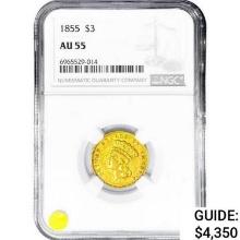 1855 $3 Gold Piece NGC AU55