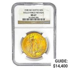 1908 $20 Gold Double Eagle NGC MS67 No Motto Wells