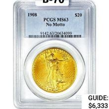 1908 $20 Gold Double Eagle PCGS MS63 No Motto