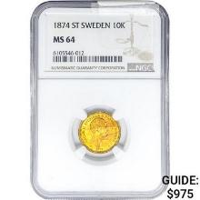 1874 .1296oz. Gold ST Sweden 10 Kroner NGC MS64