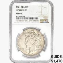 1921 Silver Peace Dollar NGC MS62 HR