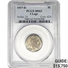 1937-D 3 Legs Buffalo Nickel PCGS MS63