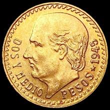 1945 Mexico Gold 2 1/2 Pesos .0603oz CHOICE BU